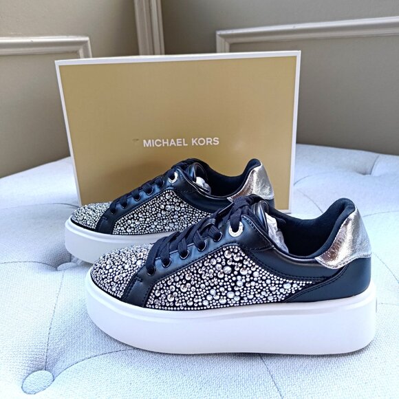 Michael Kors Romey Embellished Platform Sneaker Black 49F5RMFS1S - Picture 8 of 13